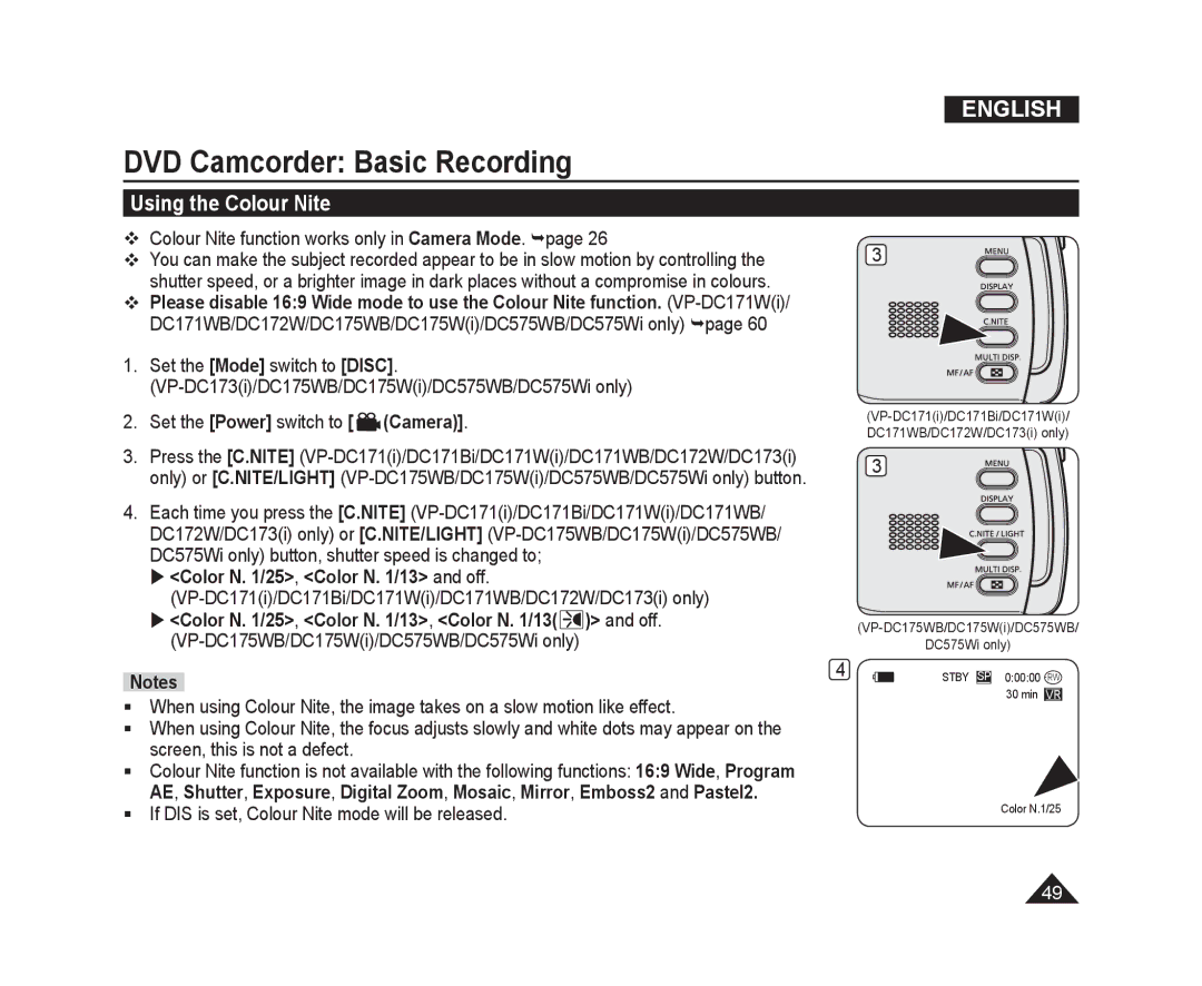 Samsung VP-DC575WB/XEF, VP-DC175WB/XEF, VP-DC171W/KIT manual Using the Colour Nite,  Color N /25, Color N /13 and off 