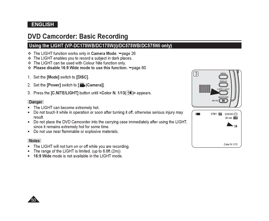 Samsung VP-DC175WB/XEF, VP-DC171W/KIT Using the Light VP-DC175WB/DC175Wi/DC575WB/DC575Wi only, Set the Mode switch to Disc 