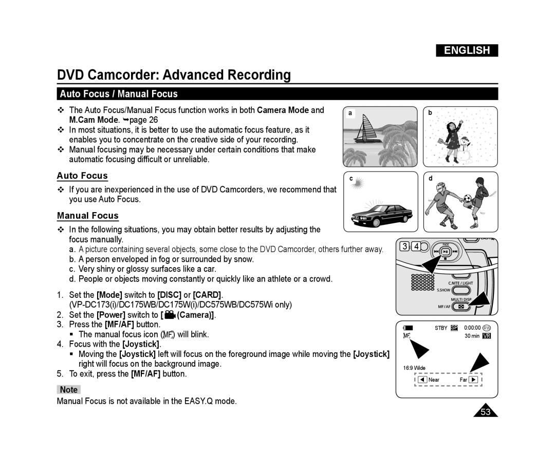 Samsung VP-DC575WB/XEU, VP-DC171/XEF Auto Focus / Manual Focus, Cam Mode. page, Automatic focusing difﬁcult or unreliable 