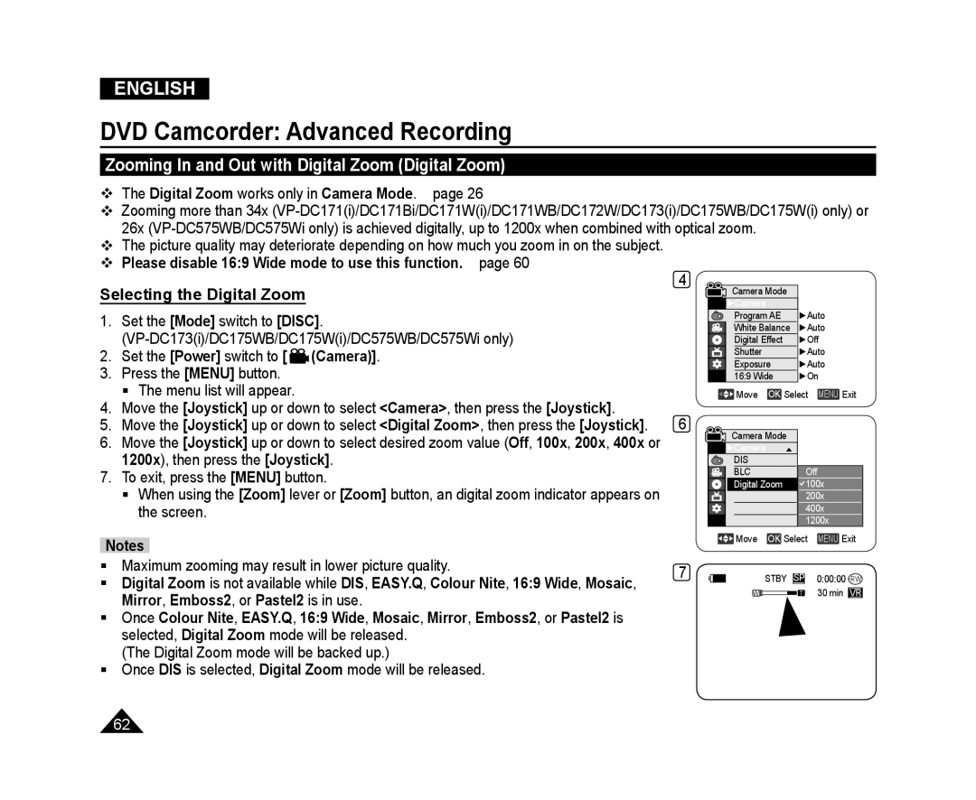 Samsung VP-DC175WB/XEO, VP-DC575WB/XEF, VP-DC175WB/XEF, VP-DC171W/KIT manual Zooming In and Out with Digital Zoom Digital Zoom 