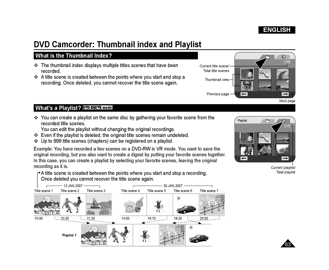 Samsung VP-DC173/XEE manual DVD Camcorder Thumbnail index and Playlist, What is the Thumbnail Index?, Recorded title scenes 