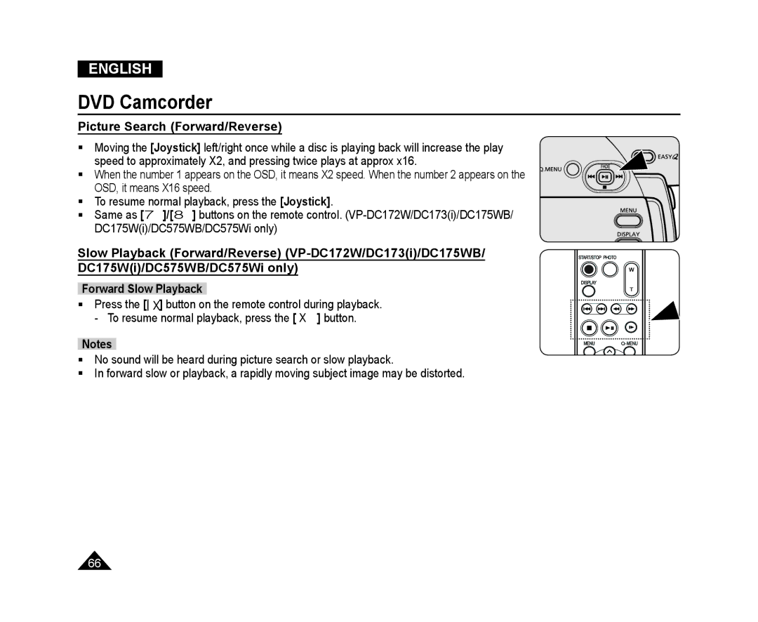 Samsung VP-DC173/XEO, VP-DC575WB/XEF, VP-DC175WB/XEF, VP-DC171W/KIT, VP-DC171/XEF, VP-DC173/XEF Picture Search Forward/Reverse 