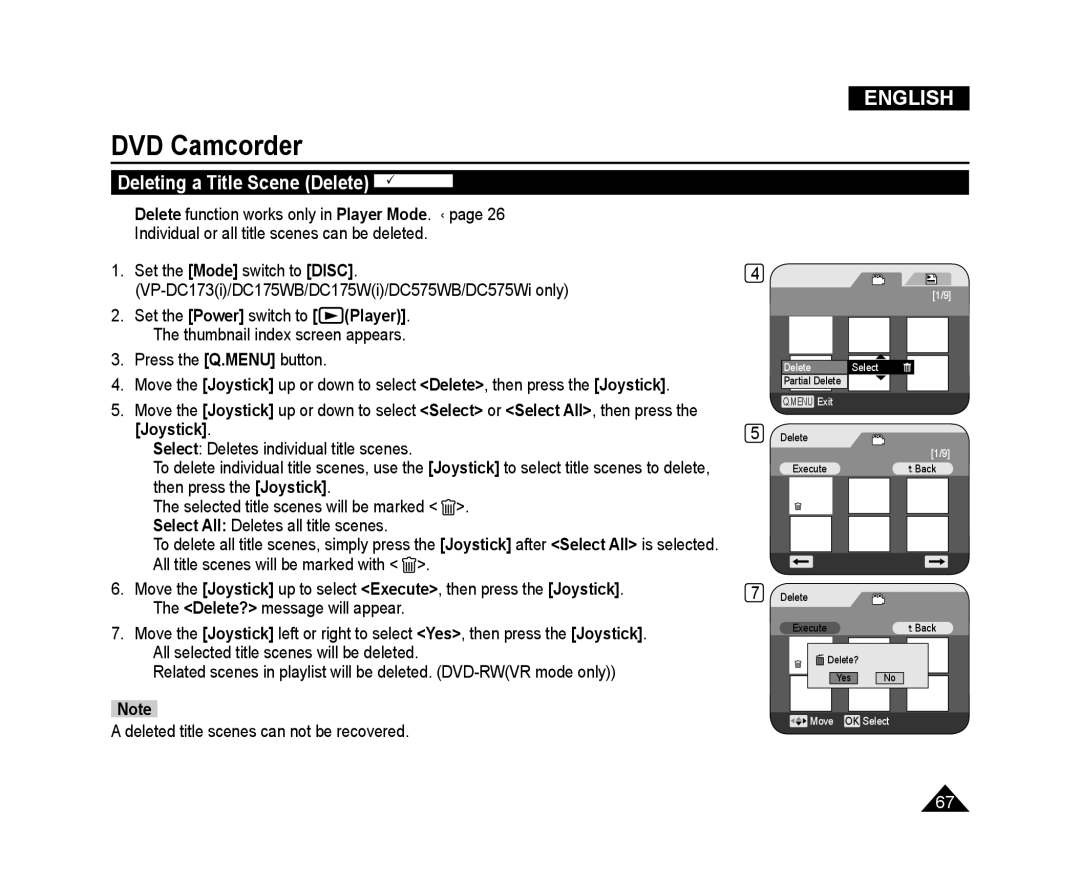 Samsung VP-DC173/AND Deleting a Title Scene Delete DVD -RW/+RW, Set the Power switch to Player, Then press the Joystick 