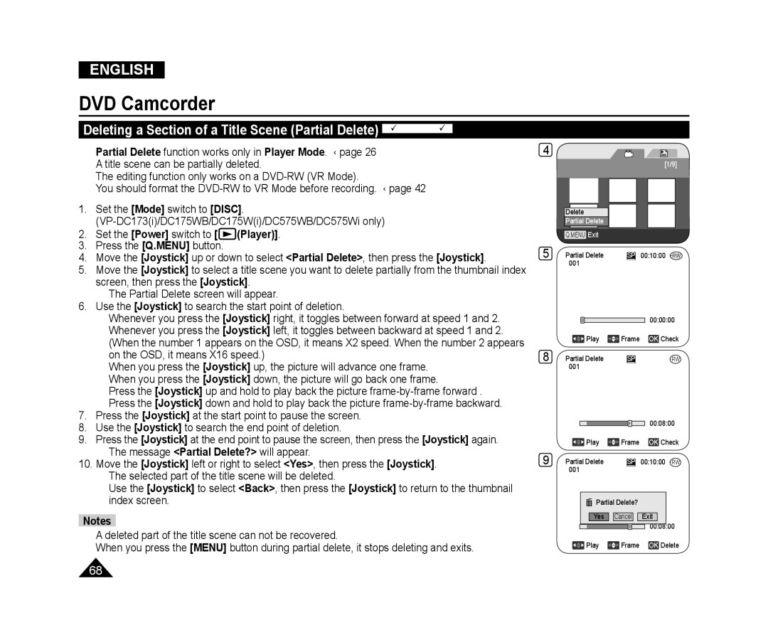 Samsung VP-DC175WI/UMG, VP-DC575WB/XEF, VP-DC175WB/XEF, VP-DC171W/KIT Set the Power switch to Player Press the Q.MENU button 