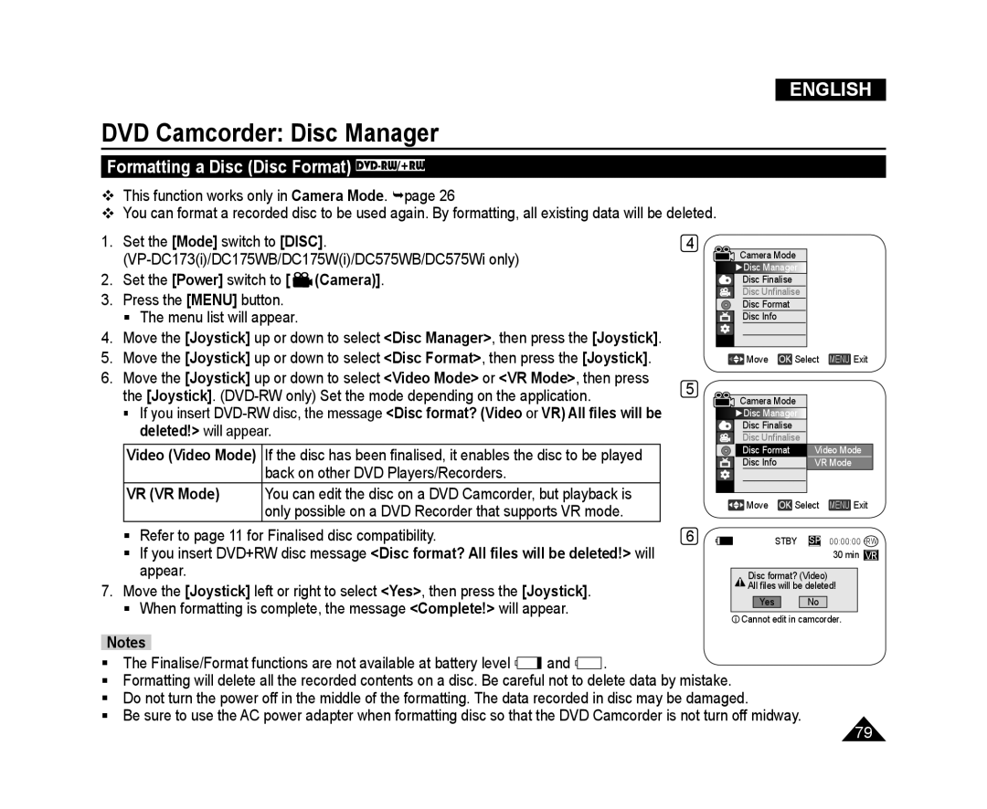 Samsung VP-DC171I/UMG manual Formatting a Disc Disc Format DVD-RW/+RW, Back on other DVD Players/Recorders, VR VR Mode 