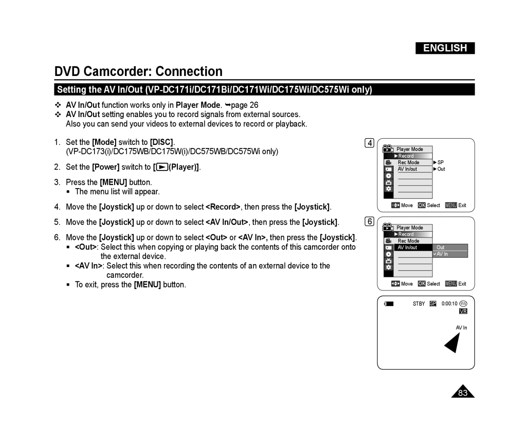 Samsung VP-DC171/CAN DVD Camcorder Connection,  AV In/Out function works only in Player Mode. page, External device 