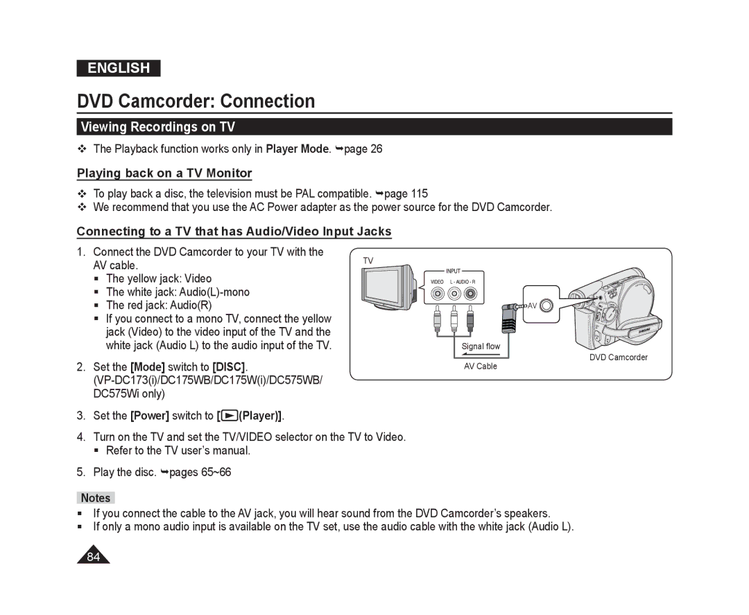 Samsung VP-DC175WB/XEE, VP-DC575WB/XEF, VP-DC175WB/XEF, VP-DC171W/KIT Viewing Recordings on TV, Playing back on a TV Monitor 