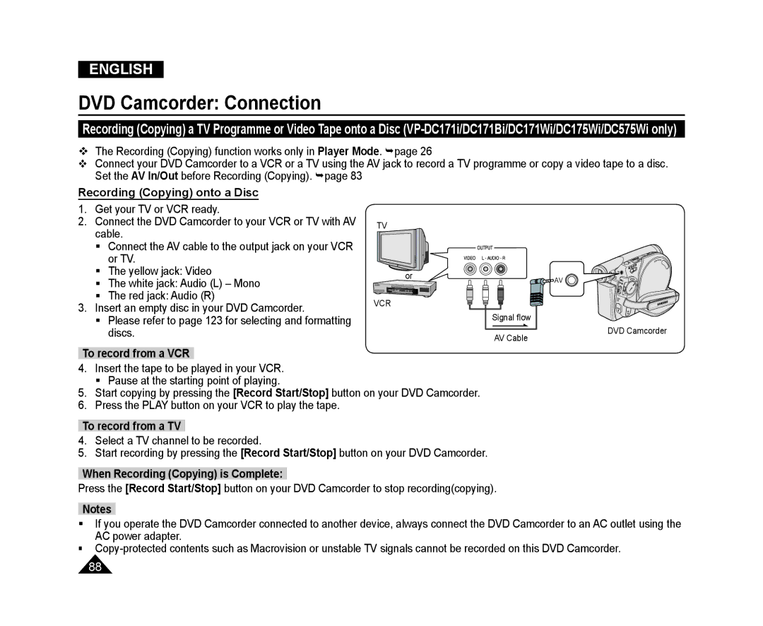 Samsung VP-DC171/NWT, VP-DC575WB/XEF, VP-DC175WB/XEF, VP-DC171W/KIT, VP-DC171/XEF, VP-DC173/XEF Recording Copying onto a Disc 