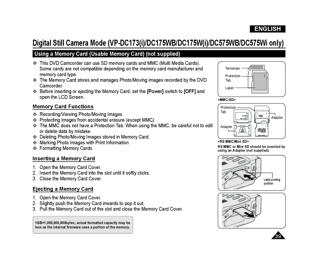 Samsung VP-DC575WB/NWT Using a Memory Card Usable Memory Card not supplied, Memory Card Functions, Inserting a Memory Card 