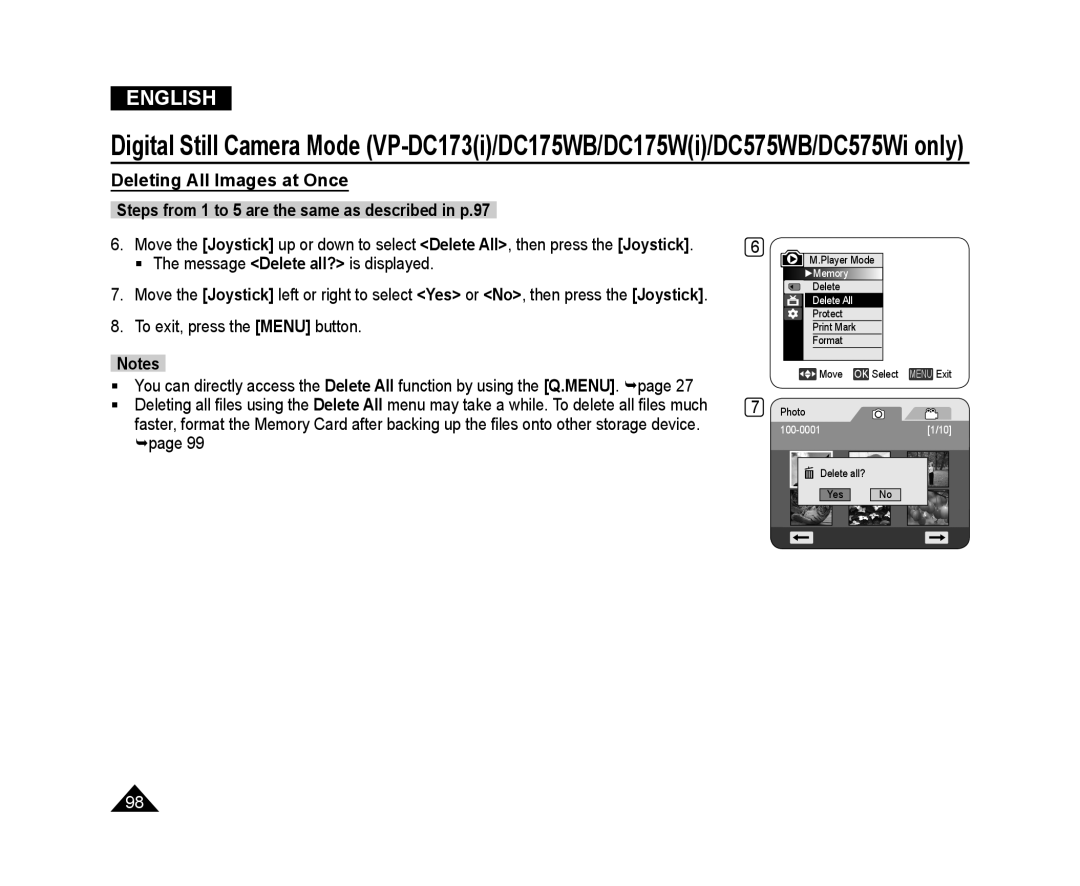 Samsung VP-DC575WB/XEF, VP-DC175WB/XEF, VP-DC171W/KIT, VP-DC171/XEF, VP-DC575WB/XEU, VP-DC173/XEF, VP-DC171/BAT manual Delete All 