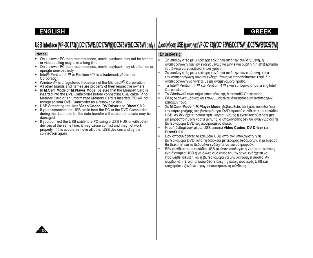 Samsung VP-DC171WH/XEF, VP-DC575WB/XEF, VP-DC175WB/XEF manual  USB Streaming requires Video Codec, DV Driver and DirectX 