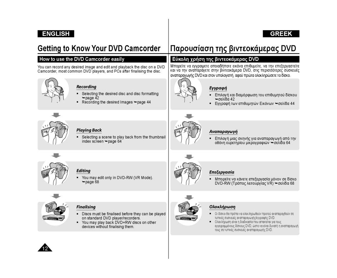 Samsung VP-DC171/XEE, VP-DC575WB/XEF, VP-DC171W/KIT How to use the DVD Camcorder easily, Εύκολη χρήση της βιντεοκάμερας DVD 