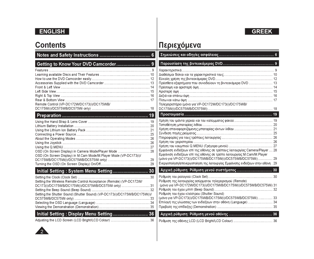 Samsung VP-DC171W/KIT, VP-DC575WB/XEF, VP-DC175WB/XEF, VP-DC171/XEF, VP-DC575WB/XEU, VP-DC173/XEF manual ContentsΠεριεχόμενα 