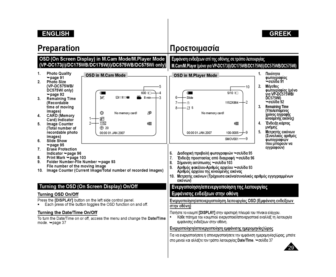 Samsung VP-DC175WB/KNT manual Εμφάνισης ενδείξεων στην οθόνη, Εμφάνιση ενδείξεων επί της οθόνης σε τρόπο λειτουργίας 