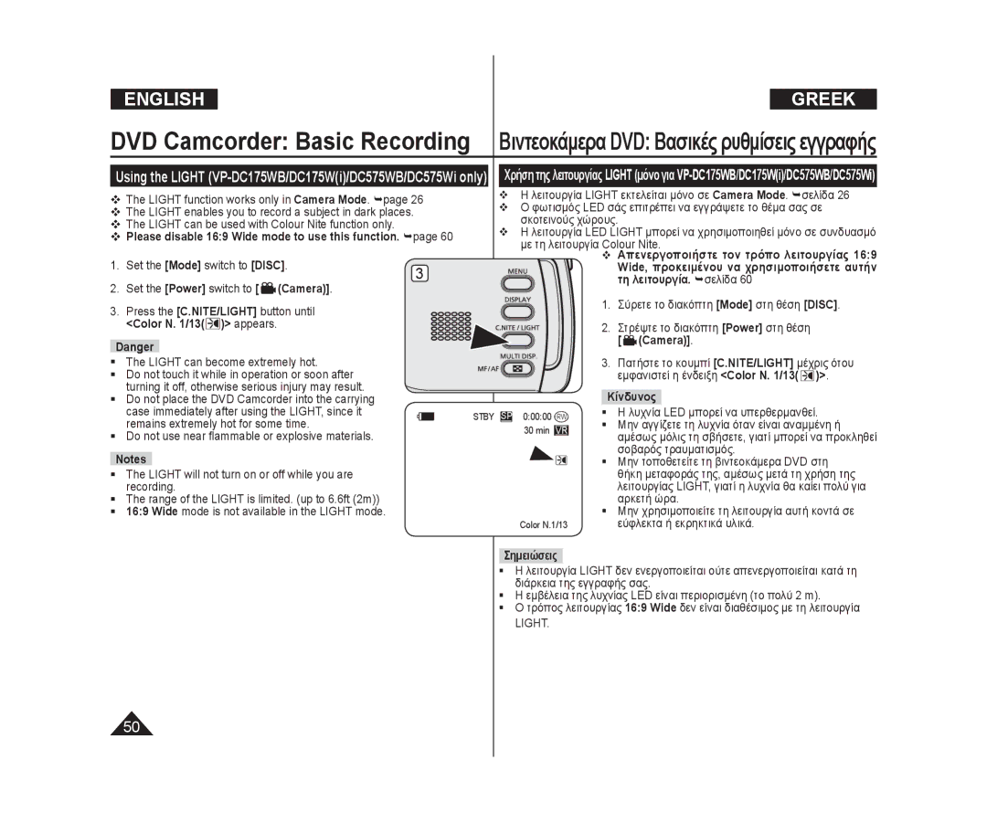 Samsung VP-DC175WB/XEF, VP-DC575WB/XEF manual Light can become extremely hot, Remains extremely hot for some time, Κίνδυνος 