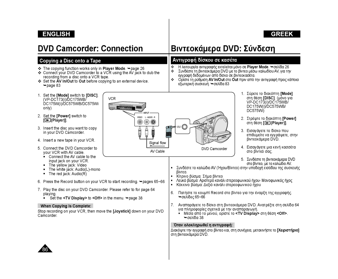 Samsung VP-DC172W/XEE, VP-DC575WB/XEF Copying a Disc onto a Tape, Αντιγραφή δίσκου σε κασέτα, When Copying is Complete 