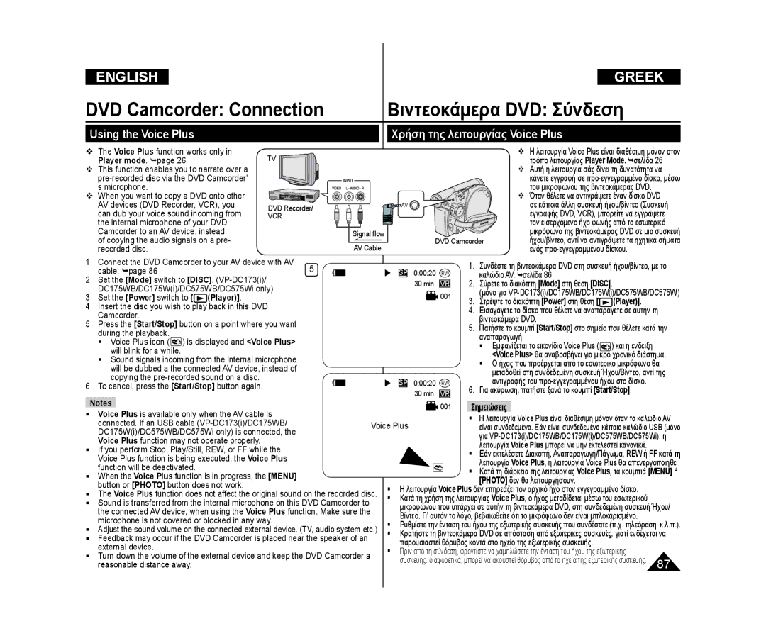 Samsung VP-DC175WB/NWT Using the Voice Plus Χρήση της λειτουργίας Voice Plus, Player mode. page, Start/Stop button again 