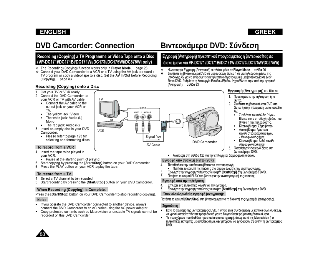 Samsung VP-DC171/NWT, VP-DC575WB/XEF, VP-DC171/XEF Recording Copying onto a Disc, To record from a VCR, To record from a TV 