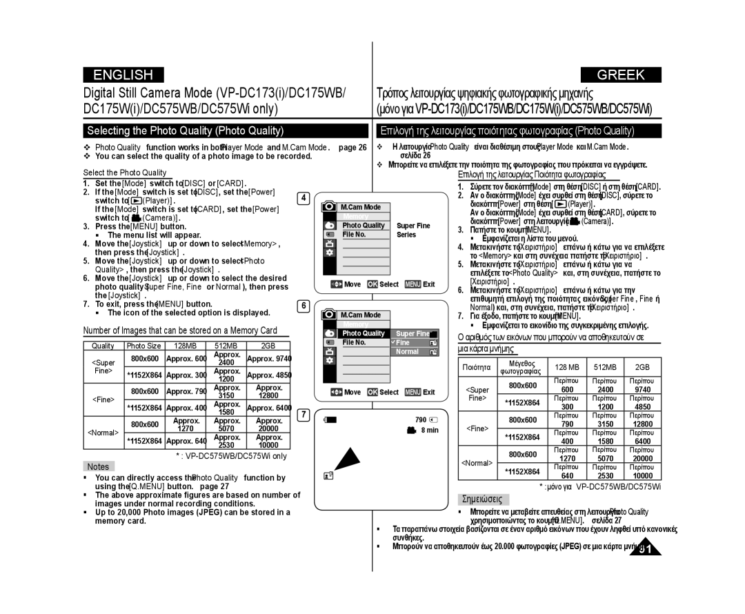 Samsung VP-DC175WI/XEK, VP-DC575WB/XEF, VP-DC175WB/XEF manual Selecting the Photo Quality Photo Quality, Μια κάρτα μνήμης 