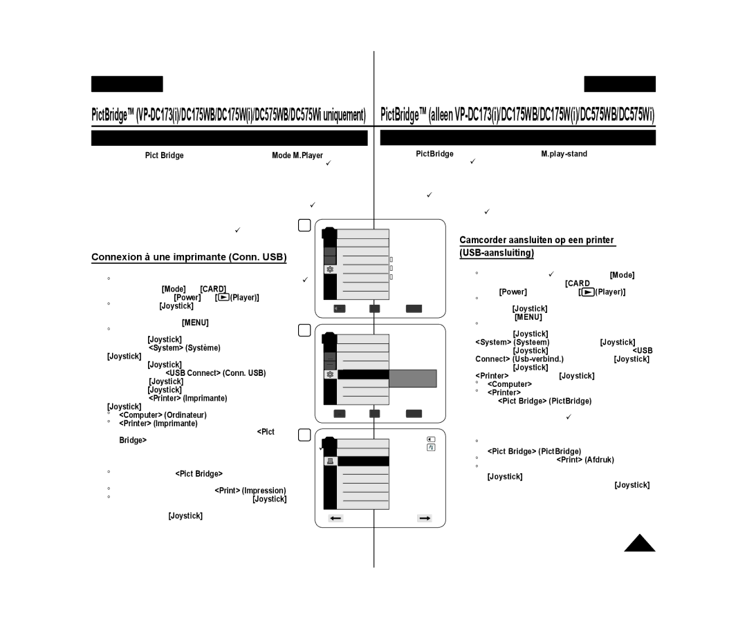 Samsung VP-DC175WB/XEF manual Camcorder aansluiten op een printer, Connexion à une imprimante Conn. USB, USB-aansluiting 