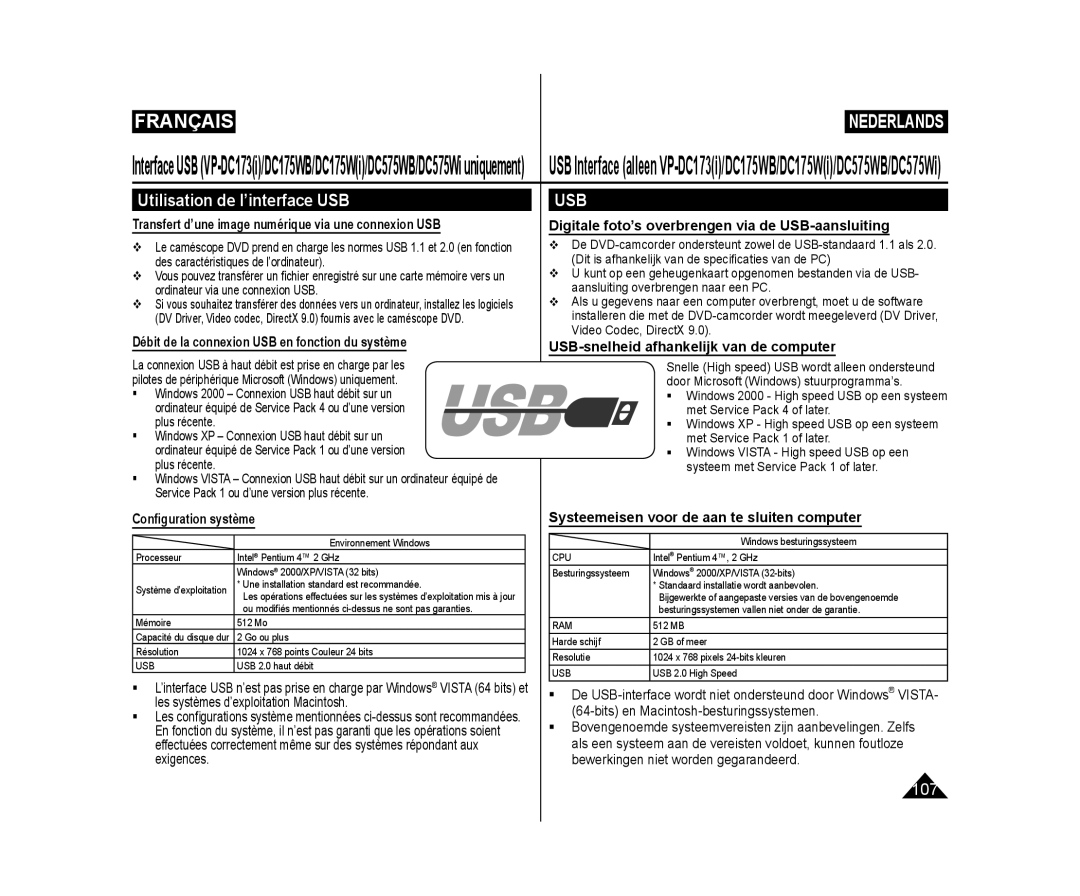 Samsung VP-DC171/XEF, VP-DC575WB/XEF manual Utilisation de l’interface USB, Débit de la connexion USB en fonction du système 