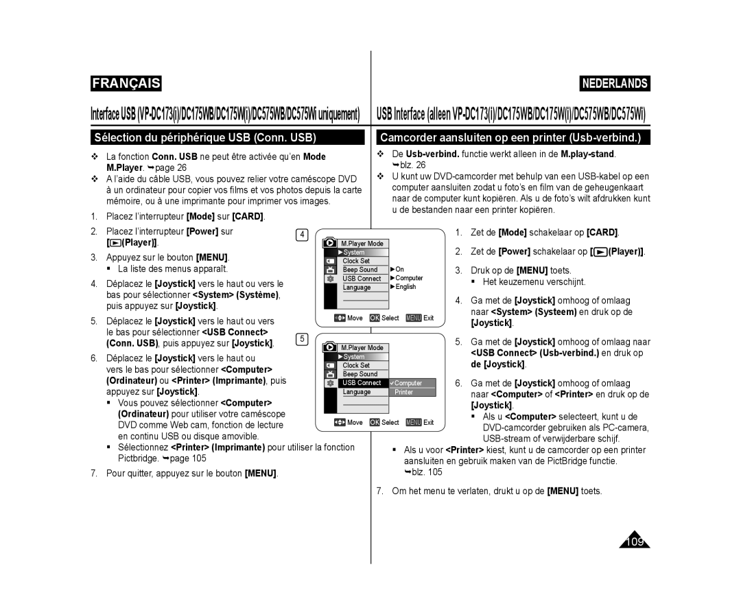 Samsung VP-DC173/XEF manual Sélection du périphérique USB Conn. USB, Camcorder aansluiten op een printer Usb-verbind 