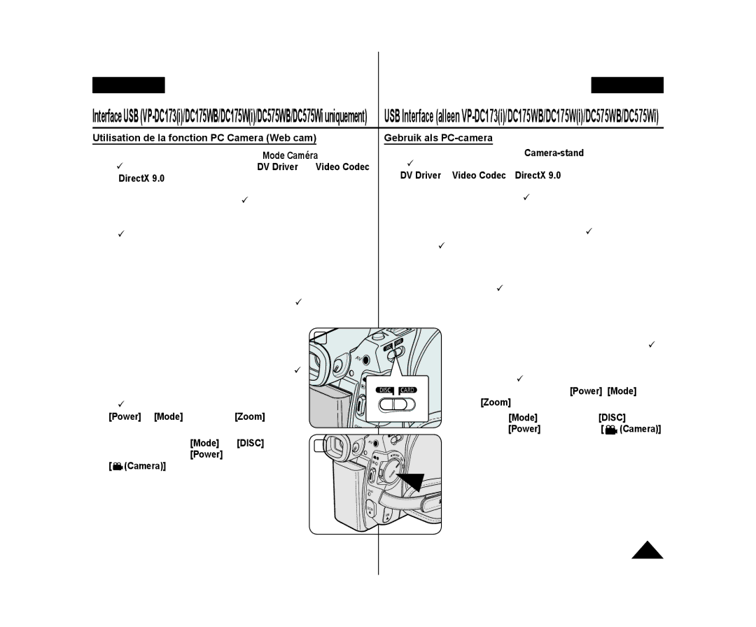 Samsung VP-DC175WB/XEF, VP-DC575WB/XEF, VP-DC171W/KIT, VP-DC171/XEF Gebruik als PC-camera, Power et Mode et le bouton Zoom 