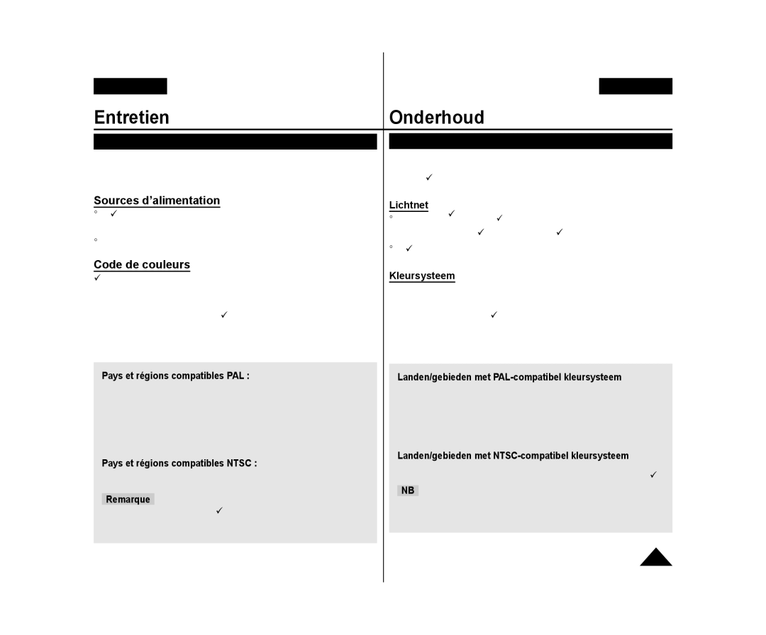 Samsung VP-DC171/XEF manual EntretienOnderhoud, Utilisation de votre caméscope DVD à l’étranger, Sources d’alimentation 