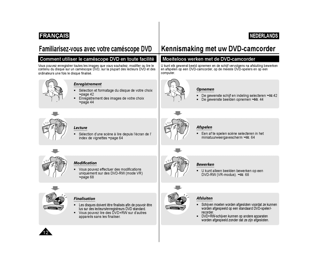Samsung VP-DC575WB/XEU manual Moeiteloos werken met de DVD-camcorder, Comment utiliser le caméscope DVD en toute facilité 