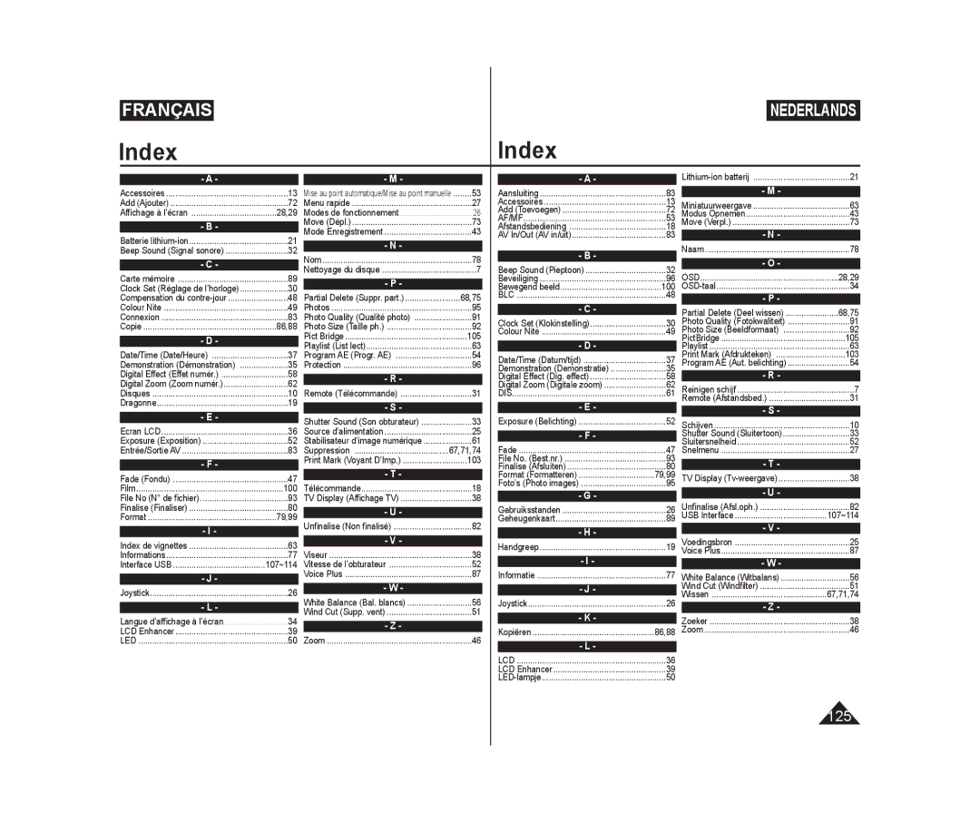 Samsung VP-DC173/XEF, VP-DC575WB/XEF, VP-DC175WB/XEF, VP-DC171W/KIT, VP-DC171/XEF, VP-DC575WB/XEU, VP-DC171/BAT manual Index 