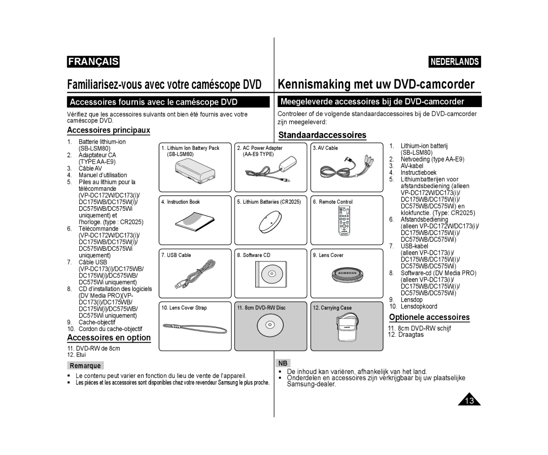 Samsung VP-DC173/XEF, VP-DC575WB/XEF manual Accessoires fournis avec le caméscope DVD, Standaardaccessoires, Remarque 