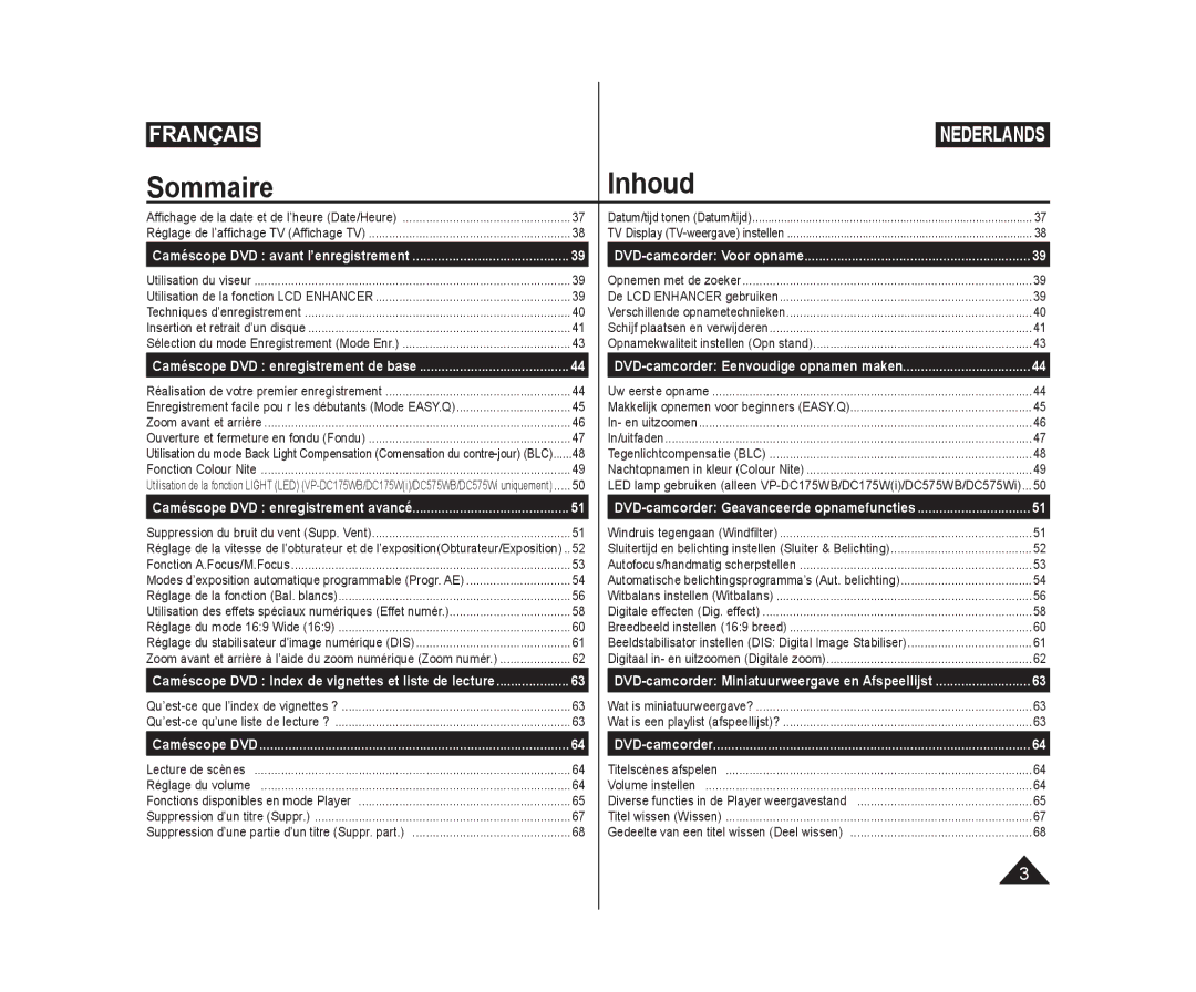 Samsung VP-DC171/XEF, VP-DC575WB/XEF, VP-DC175WB/XEF Sommaire Inhoud, Opnemen met de zoeker, In- en uitzoomen In/uitfaden 