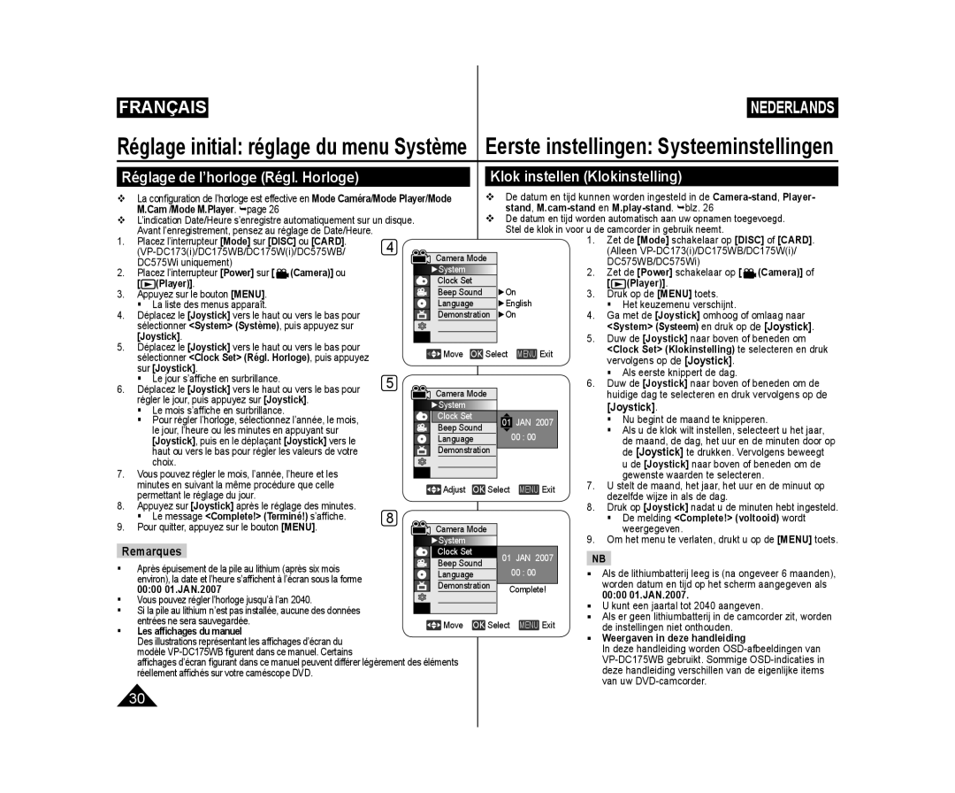 Samsung VP-DC171/BAT, VP-DC575WB/XEF manual Klok instellen Klokinstelling, Réglage de l’horloge Régl. Horloge, Joystick 