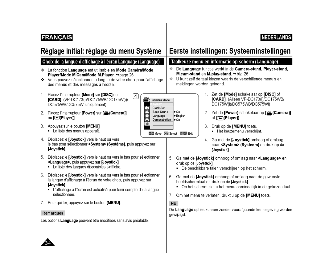 Samsung VP-DC171W/KIT, VP-DC575WB/XEF, VP-DC175WB/XEF, VP-DC171/XEF manual Taalkeuze menu en informatie op scherm Language 