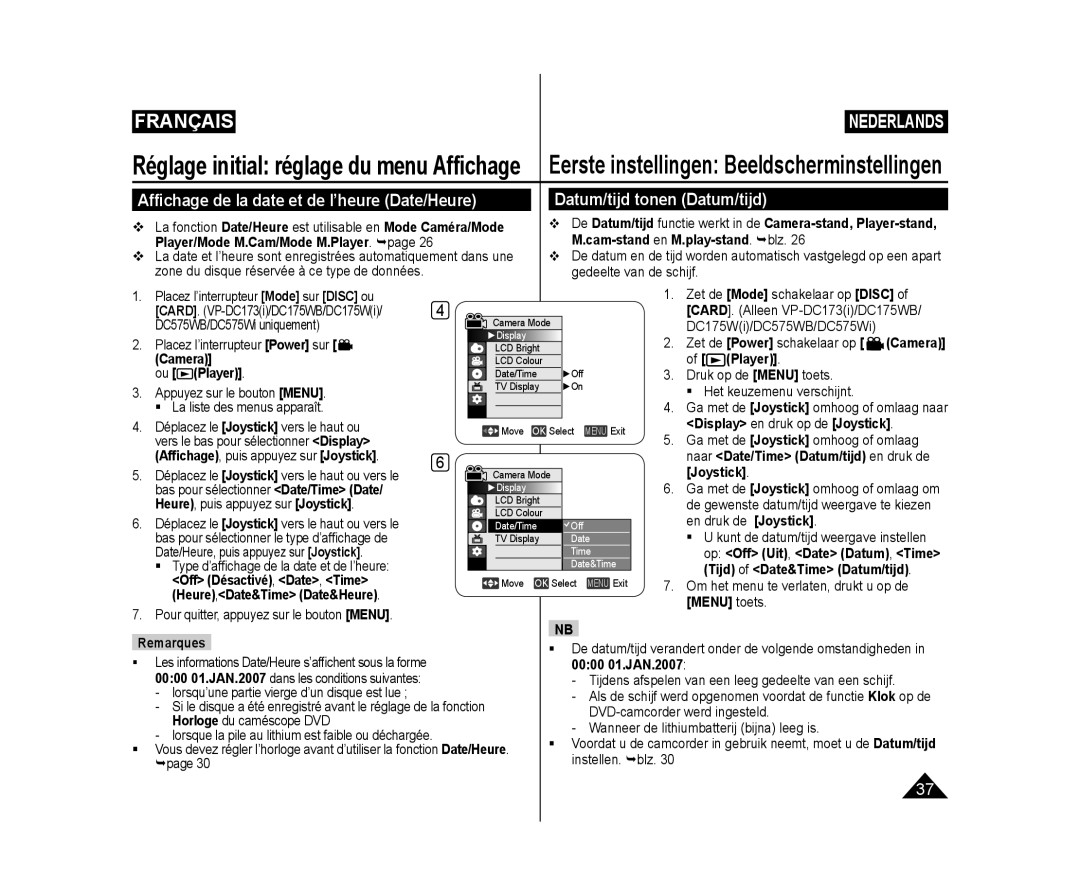 Samsung VP-DC173/XEF, VP-DC575WB/XEF manual Camera Player, Afﬁchage, puis appuyez sur Joystick, Tijd of Date&Time Datum/tijd 
