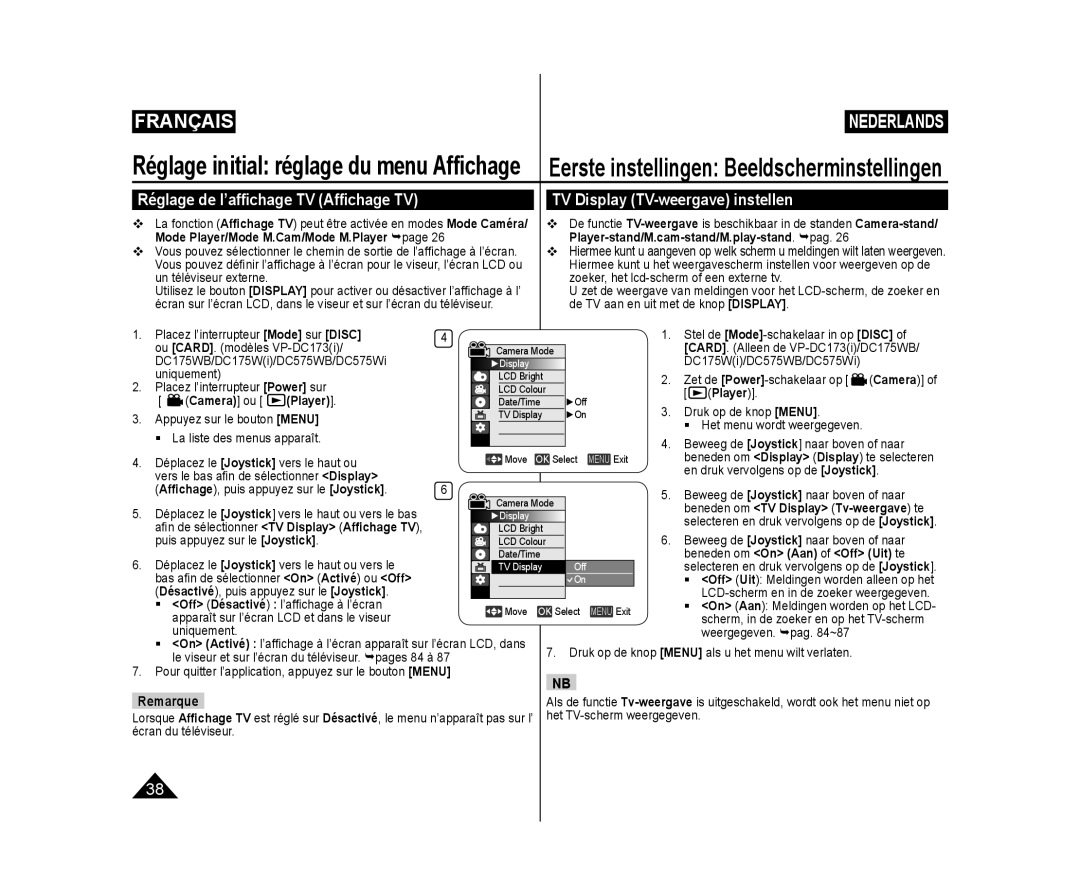 Samsung VP-DC171/BAT, VP-DC575WB/XEF, VP-DC175WB/XEF Réglage de l’afﬁchage TV Afﬁchage TV, TV Display TV-weergave instellen 