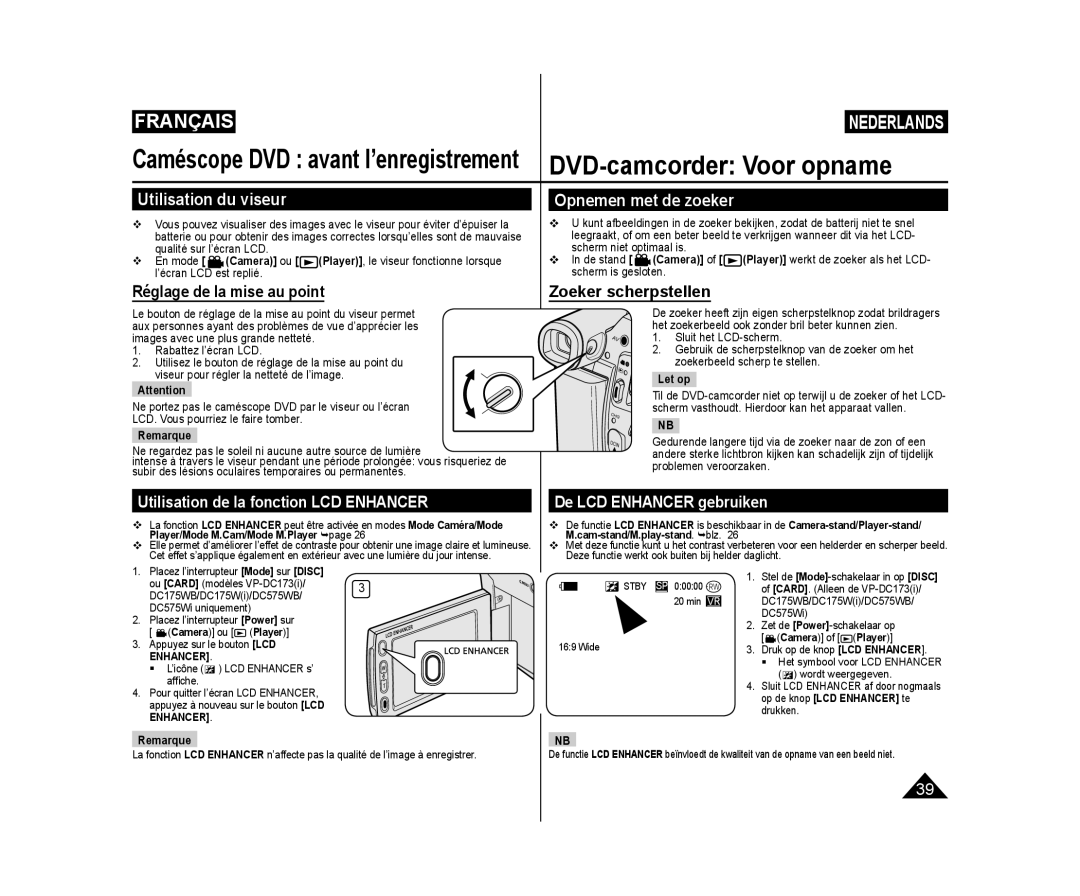 Samsung VP-DC171W/XEF, VP-DC171W/KIT Utilisation du viseur, Opnemen met de zoeker, Utilisation de la fonction LCD Enhancer 