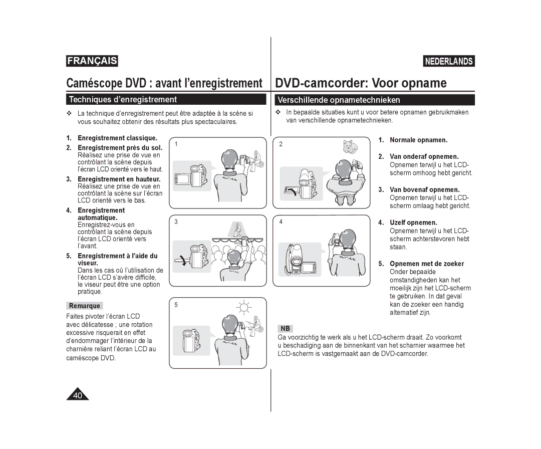 Samsung VP-DC575WB/XEF, VP-DC175WB/XEF, VP-DC171W/KIT manual Techniques d’enregistrement, Verschillende opnametechnieken 