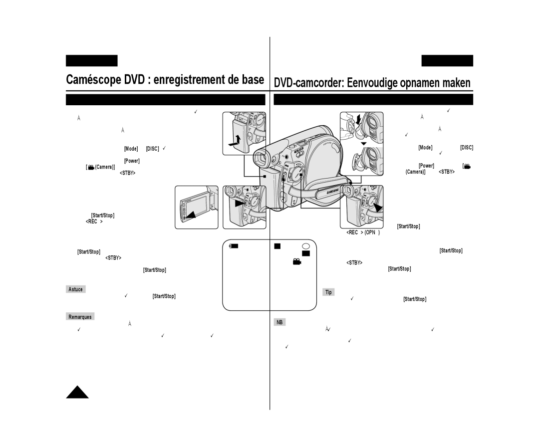 Samsung VP-DC575WB/XEU, VP-DC575WB/XEF, VP-DC175WB/XEF, VP-DC171W/KIT manual Bouton Start/Stop, Start/Stop knop, Astuce Tip 