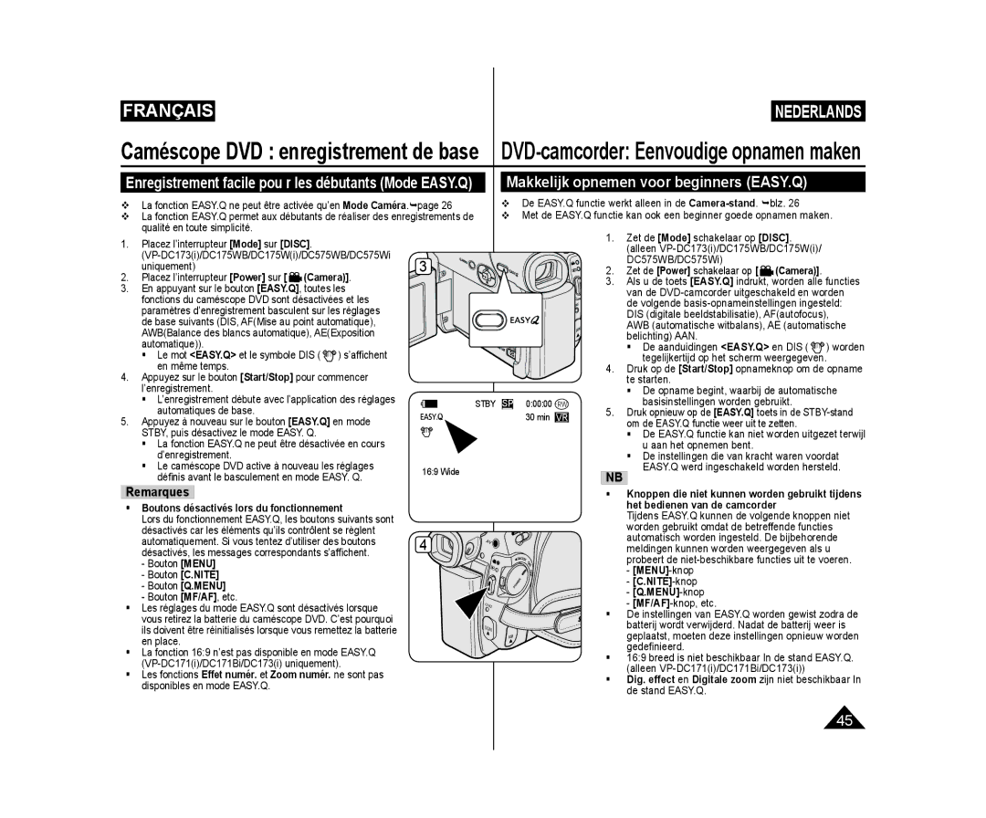 Samsung VP-DC173/XEF, VP-DC575WB/XEF, VP-DC175WB/XEF manual Makkelijk opnemen voor beginners EASY.Q, NITE-knop, MENU-knop 