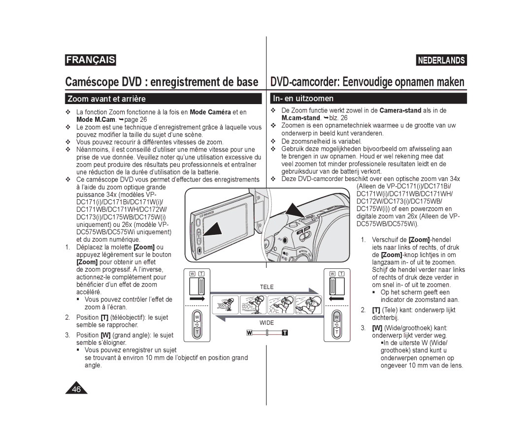 Samsung VP-DC171/BAT, VP-DC575WB/XEF, VP-DC171/XEF Zoom avant et arrière In- en uitzoomen, Mode M.Cam. page Cam-stand.blz 