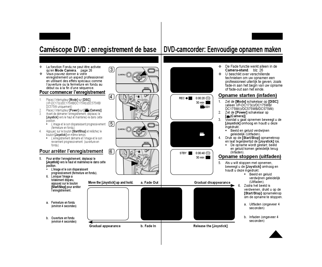 Samsung VP-DC171W/XEF Ouverture et fermeture en fondu Fondu In/uitfaden, Opname starten infaden, Opname stoppen uitfaden 