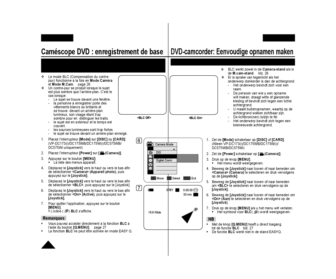 Samsung VP-DC575WB/XEF manual Comensation du contre-jour BLC, De sélectionner Camera Appareil photo, puis, Op de Joystick 