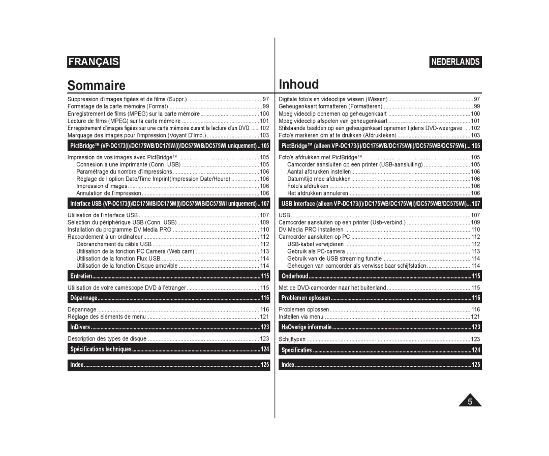 Samsung VP-DC173/XEF 100, 101, 102, 103, 105, Impression d’images 106 Annulation de l’impression, 107, 109, 110, 112, 115 