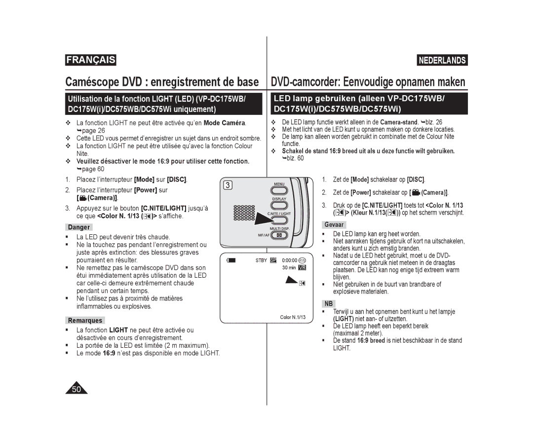 Samsung VP-DC171W/KIT Ce que Color N /13 s’afﬁche,  De LED lamp functie werkt alleen in de Camera-stand. blz, Gevaar 