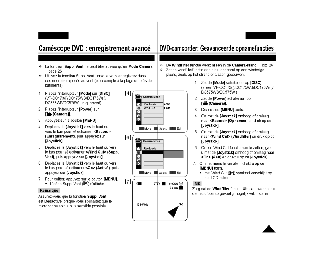 Samsung VP-DC171/XEF, VP-DC575WB/XEF, VP-DC175WB/XEF, VP-DC171W/KIT, VP-DC575WB/XEU manual On Aan en drukt u op de Joystick 