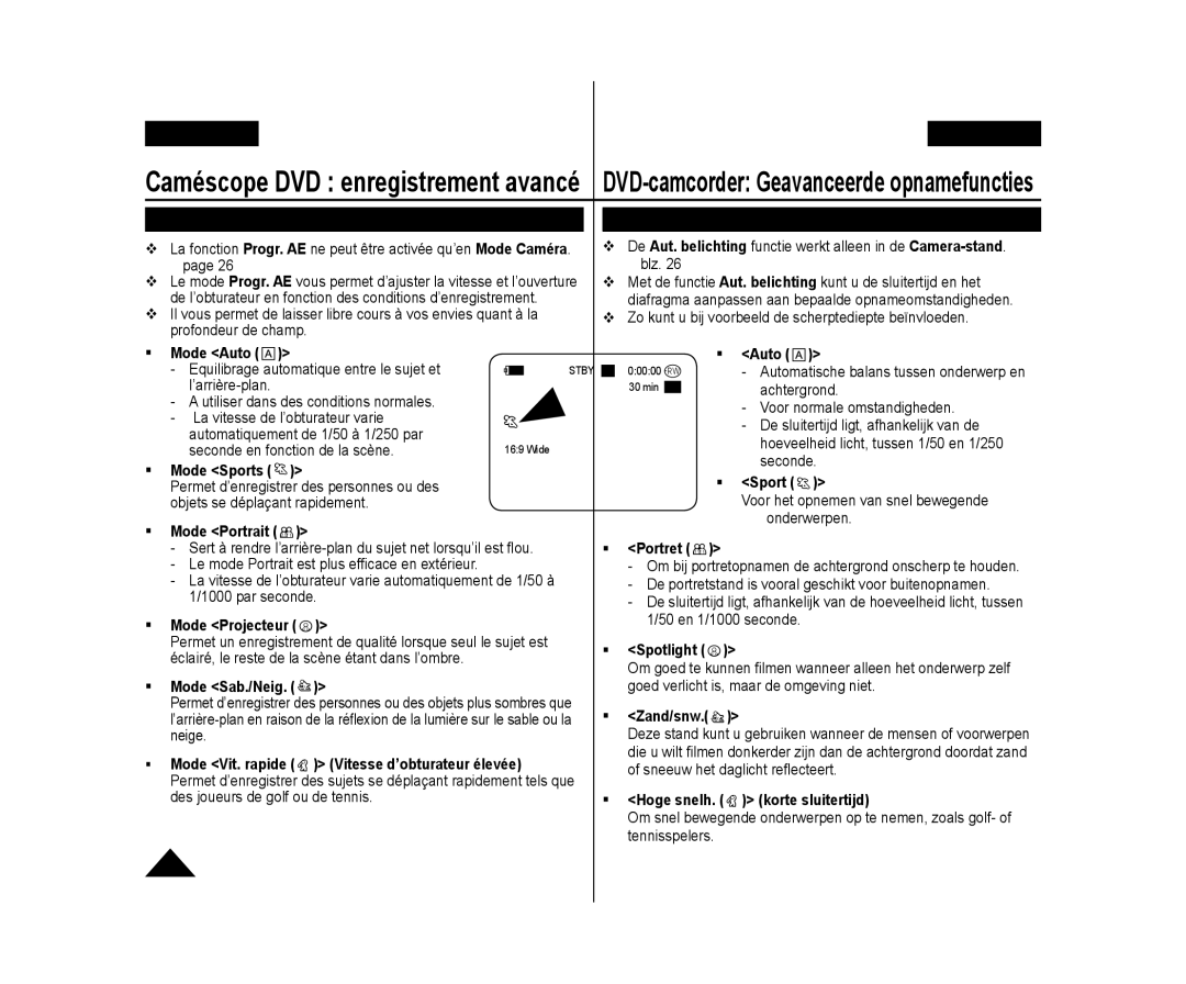 Samsung VP-DC171/BAT, VP-DC575WB/XEF, VP-DC175WB/XEF, VP-DC171W/KIT manual Automatische belichtingsprogramma’s Aut. belichting 