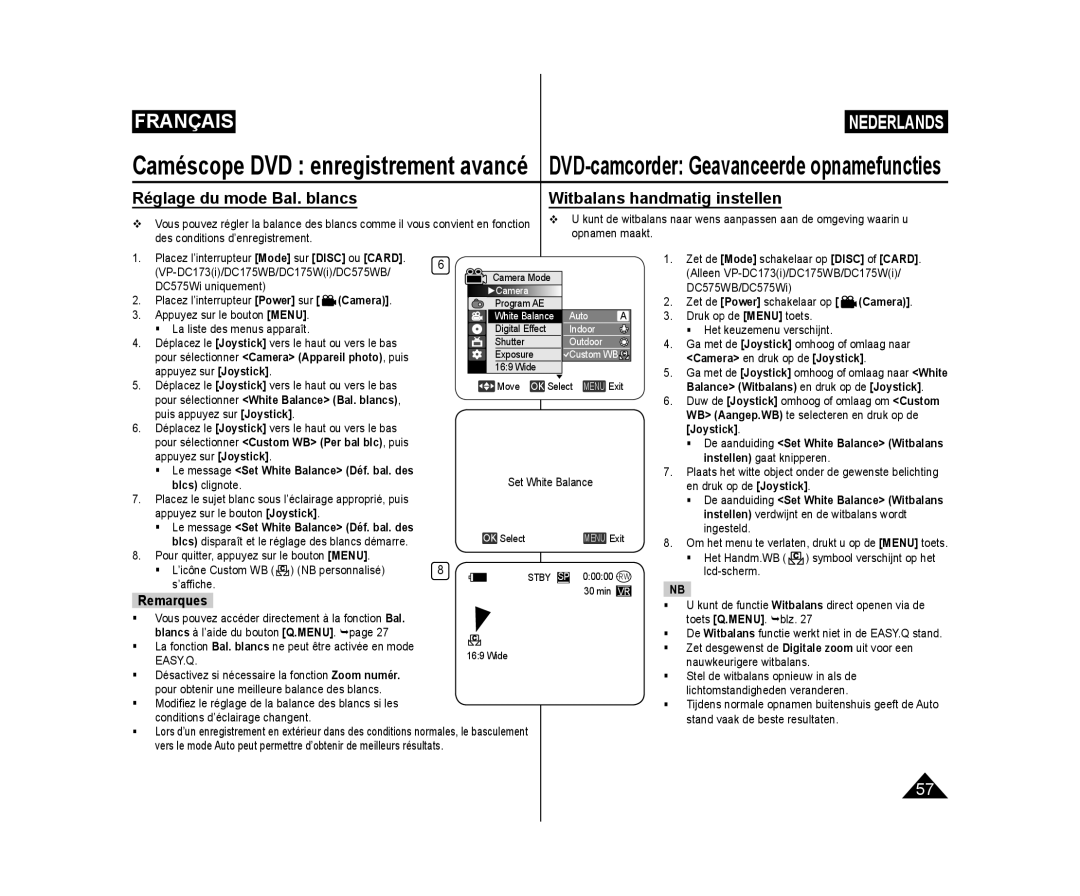 Samsung VP-DC175WB/XEF, VP-DC575WB/XEF, VP-DC171W/KIT manual Réglage du mode Bal. blancs, Witbalans handmatig instellen 