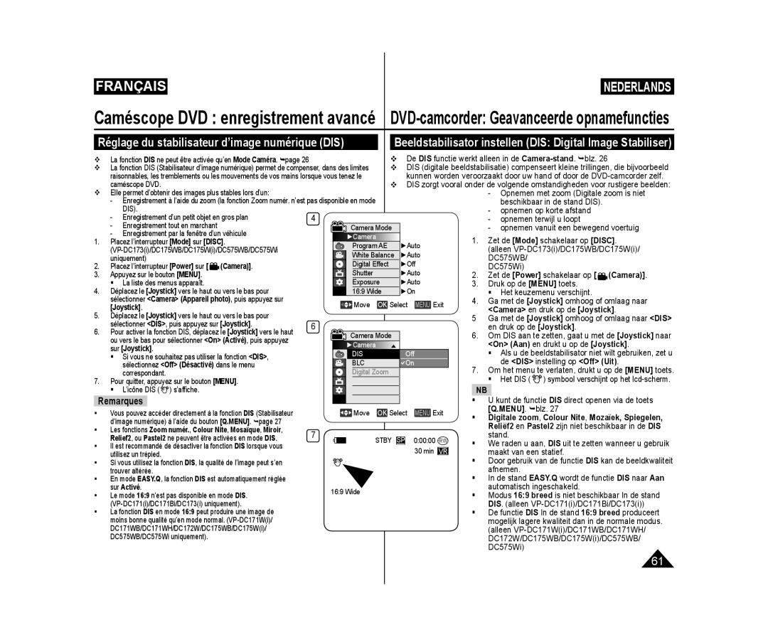 Samsung VP-DC173/XEF, VP-DC575WB/XEF manual Réglage du stabilisateur d’image numérique DIS, Camera en druk op de Joystick 