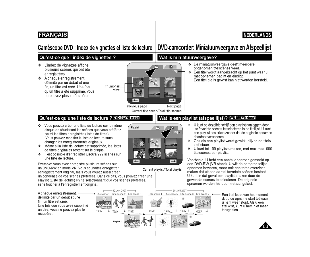 Samsung VP-DC171W/XEF, VP-DC575WB/XEF, VP-DC175WB/XEF manual Qu’est-ce que l’index de vignettes ?, Wat is miniatuurweergave? 